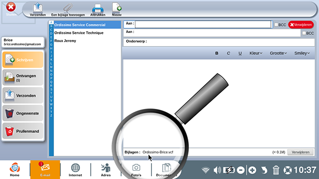 Ik ben dus in de toepassing "E-mail" van mijn Ordissimo.