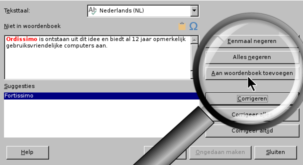 "Toevoegen aan het woordenboek" knop